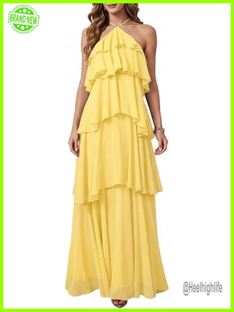 Women's Wedding Guest Sundress Ruffled Halter Backless Maxi Dress